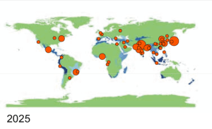 Fig.2: Global urbanization and biodiversity hotspots, 2025. Orange dots are population in millions, light/dark blue patterns are biodiversity hotspots.